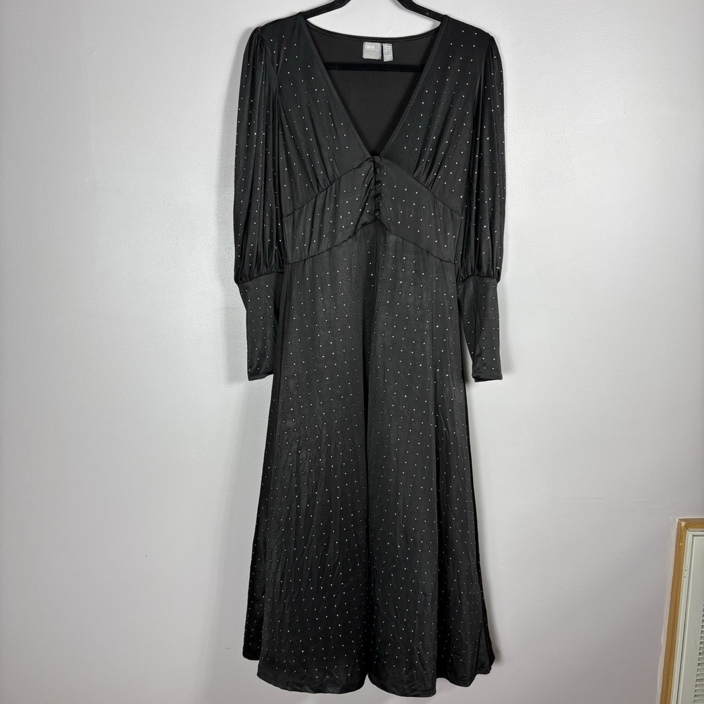 Asos Women's 8 Black All Over Rhinestone Deep V Neck Long Sleeve Maxi Dress